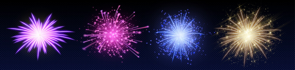Poster - Firework explosions set with sparkling stars - luminous firecracker bursts in pink, blue and golden colors radiating from bright center. Night sky light effects for festive events, party design.