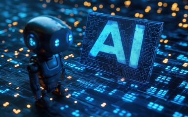 Poster - Futuristic Robot with Glowing AI Sign in a High-Tech Digital Environment Featuring Data Streams and Glow Effects