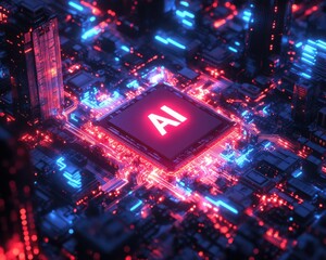 Aufkleber - Futuristic Technology Concept with AI Chip Surrounded by Neon Light Circuits in a Digital Cityscape