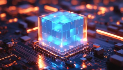Poster - Futuristic Technology Concept with Glowing Cube on Circuit Board Surrounded by Digital Components and Neon Lights for High-Tech Applications and Innovations