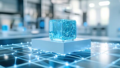 Poster - Futuristic Technology Concept with Glowing Cube on Digital Display in Laboratory Setting Highlighting Innovation and Connectivity in Data Visualization