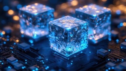 Poster - Futuristic Technology Concept with Glowing Ice Cubes on Circuit Board Displaying Digital Connectivity and Innovation in Modern Computing
