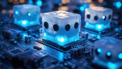 Aufkleber - Futuristic Technology Concept with Ice Cubes and Computer Circuitry Under Soft Blue Lighting Effects for Creative Digital Projects