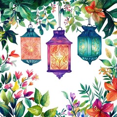 Canvas Print - A close-up of colorful lanterns hanging from delicate vines surrounded by tropical floral details, white background