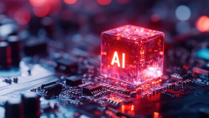 Aufkleber - Glowing AI Block on Circuit Board Reflecting Future Technology and Innovations in Artificial Intelligence and Computer Science Lab Environment