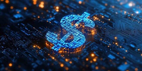 Poster - Glowing Digital Dollar Sign Over a Matrix of Data, Symbolizing Financial Technology and Cryptocurrency Innovations in a Futuristic Setting