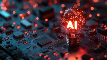 Aufkleber - Glowing Light Bulb with AI Text Surrounded by Circuit Board Elements, Symbolizing Innovation and Technology in Artificial Intelligence and Digital Future