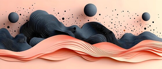 Poster - An abstract landscape featuring undulating waves in coral and black hues, with spherical forms floating above, creating a surreal and modern atmosphere.