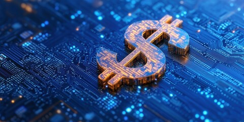Poster - Golden Dollar Symbol on Circuit Board Background, Representing Finance, Technology, Investment, and Future of Currency in Digital Economy