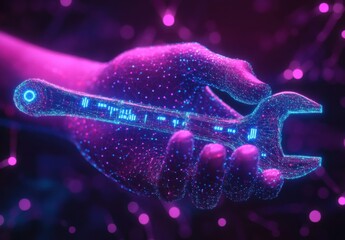 Poster - Hand Holding Futuristic Wrench in Neon Colors with Digital Background Representing Technology, Innovation, and Engineering Concepts