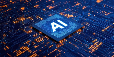 Poster - High-tech AI Microchip on Circuit Board with Bright Blue and Orange Neon Lights Illuminating the Electronic Design and Future Technology Concept
