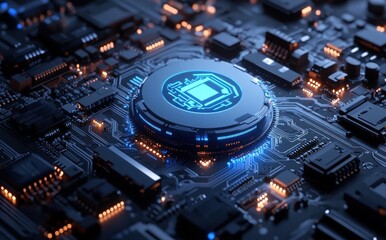 Poster - High-Tech Circuit Board with Blue and Orange LED Lights, Close-Up of Electronic Components and Microprocessor on Dark Background