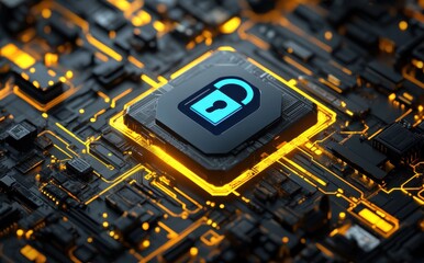 Poster - High-tech microchip with glowing padlock symbol on circuit board, representing cybersecurity, digital protection, and technological innovation.