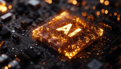 Aufkleber - Illuminated chip with glowing AI letters on a dark circuit board showcasing technology and innovation, symbolizing artificial intelligence development