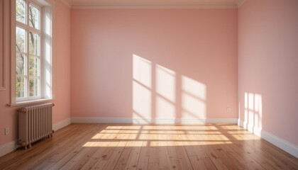 Wall Mural - Empty pink room with a window and wooden floor in a classic interior design