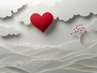 Wall Mural - Happy Valentine's Day paper art with heart balloon in sky