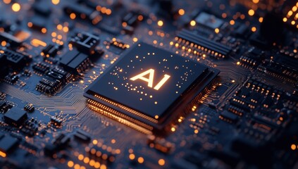 Poster - Modern microchip featuring the letters AI illuminated on a dark circuit board background representing advanced technology and artificial intelligence innovation