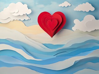 Wall Mural - Happy Valentine's Day paper art with heart balloon in sky