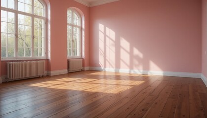 Wall Mural - Empty pink room with a window and wooden floor in a classic interior design