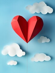 Wall Mural - Vertical paper art with heart balloon in sky Happy Valentine's Day