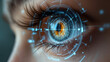 © Passionwith - eye surgery concept, close up of female amber eye with digital augmentation in medical science lab.