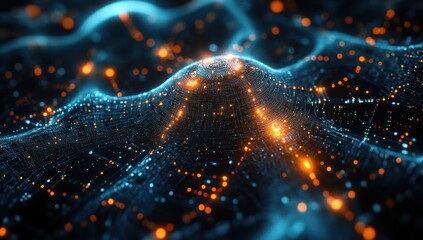 Poster - Stunning Abstract Representation of Dynamic Digital Landscape with Glowing Dots and Wavy Lines in Vibrant Blue and Orange Colors