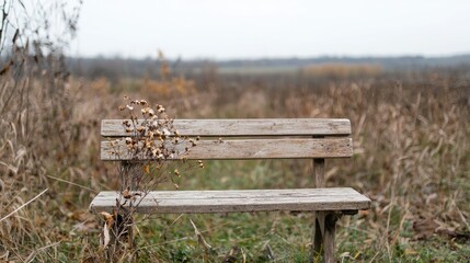 Wall Mural - Lonely bench in autumn field, tranquil scene, nature background, perfect for relaxation