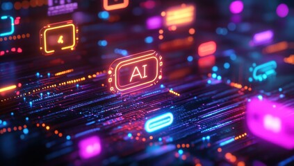 Poster - Vibrant Digital Landscape of Artificial Intelligence Icons and Colorful Neon Lights in a Futuristic Abstract Design with Glowing Effects