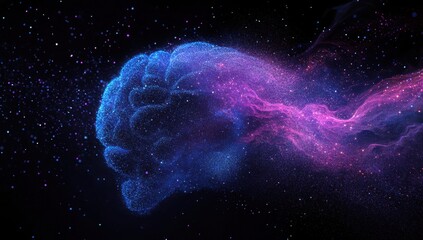 Poster - Vibrant Digital Representation of Abstract Brain with Colorful Light Trails and Cosmic Background in Deep Space