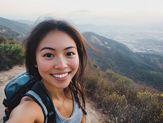 cheerful hiker captures scenic mountain selfie with breathtaking panoramic view
