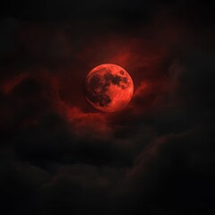 Wall Mural - dark red moon glowing through swirling clouds and mist in a night sky with a hint of zen papaya