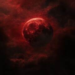 Wall Mural - Dark red moon shining through swirling clouds in a night sky with zen papaya in the foreground