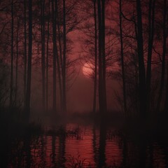 Wall Mural - Misty forest landscape under a dark red sky with a full moon illuminating the scene