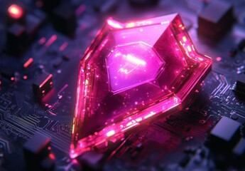 Poster - Vibrant Pink Crystal on Circuit Board with Futuristic Glow and Sparkling Lights in a Tech-Inspired Setting