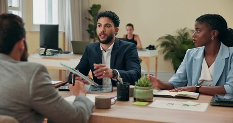 Poster - Interview, notebook and tablet with business people in office for onboarding or recruitment. Collaboration, conversation and human resources with hiring team in workplace for job opportunity meeting