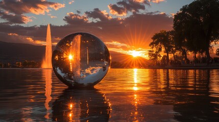 Wall Mural - Sunset reflected in a crystal ball near a fountain.