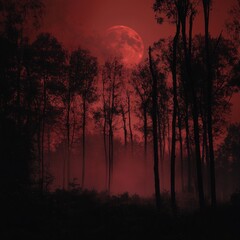 Wall Mural - Dark red moon rising over misty forest with trees and zen papaya in the background at night