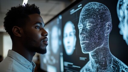 Poster - Young man observing digital human head model visualization in modern tech space with data and artificial intelligence elements displayed on screens