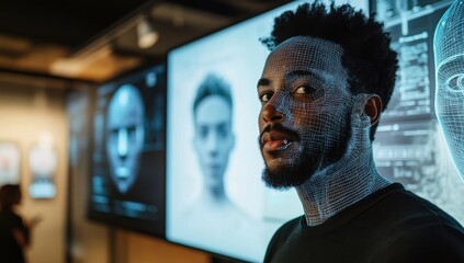 Poster - Young man with digital facial analysis overlay standing in front of multiple screens displaying AI-generated human faces in a modern technological setting
