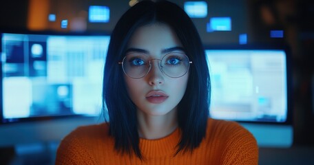 Aufkleber - Young woman wearing glasses in orange sweater sits in front of multiple computer screens showcasing data analysis in a modern workspace at night