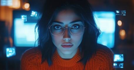 Aufkleber - Young Woman with Glasses Surrounded by Digital Images in a Dimly Lit Room Highlighting Technology and Creativity