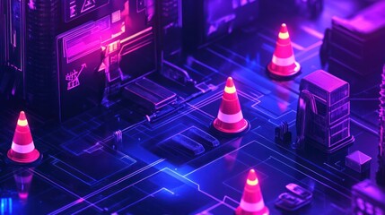 Poster - Cyberpunk city circuit board with warning cones.