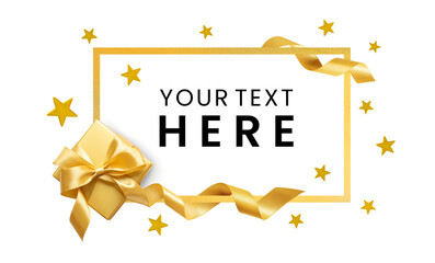 Wall Mural - frame border card design mockup with luxury gift gold and stream ribbon. greeting season.present giv