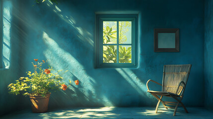 Poster - Sunlit tranquility in a serene room cozy retreat interior design calm environment artistic viewpoint resting simplicity