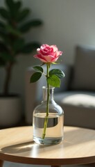 single stem of pink rose in a minimalist glass vase on a modern coffee table, vase, glass, simple