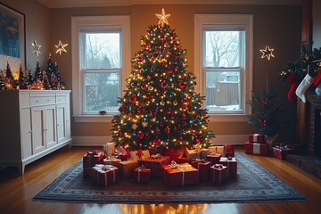 Wall Mural - Stylish Christmas tree with colorful lights and red ornaments, surrounded by wrapped gifts in a festive living room with wooden furniture and star decorations.