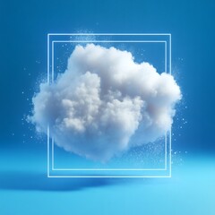 Poster - 3d render of fluffy white cloud isolated on a vibrant blue background dust particles floating around it framed within a square object highlighting its texture and softness