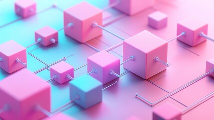 Poster - A vibrant, abstract arrangement of pink and blue cubes connected by thin lines, creating a modern, digital aesthetic.