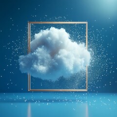 Poster - 3d render of fluffy white cloud isolated on a vibrant blue background dust particles floating around it framed within a square object highlighting its texture and softness