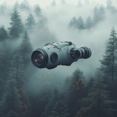 Poster - 3d rendering of a camera in flight gliding over a misty forest with its lens zooming in on the landscape below The camera appears to defy gravity as it moves smoothly through the air